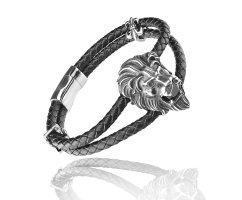 Кожаный браслет массивный с головой льва QB375