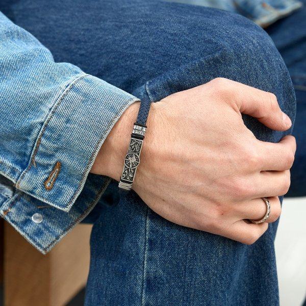 Браслет из кожи тонкий синий Крым QB422