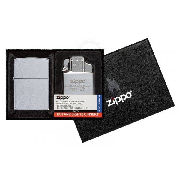 Zip205cm Подарочный набор зажигалка Zippo Satin Chrome и газовый вставной блок с двойным пламенем