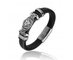 Браслет скандинавский с валькнутом кожаный QB376