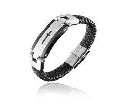 Браслет кожаный массивный с крестом черно-белый QB66