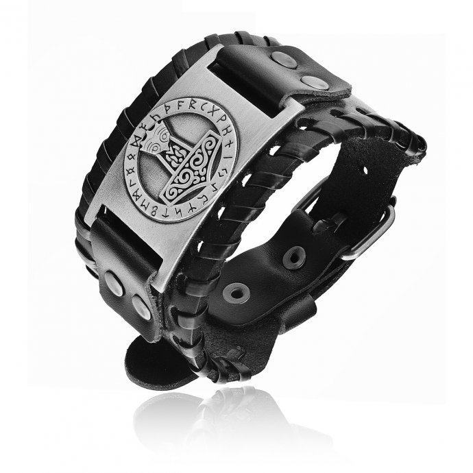 Рунный молот браслет широкий из кожи QB241